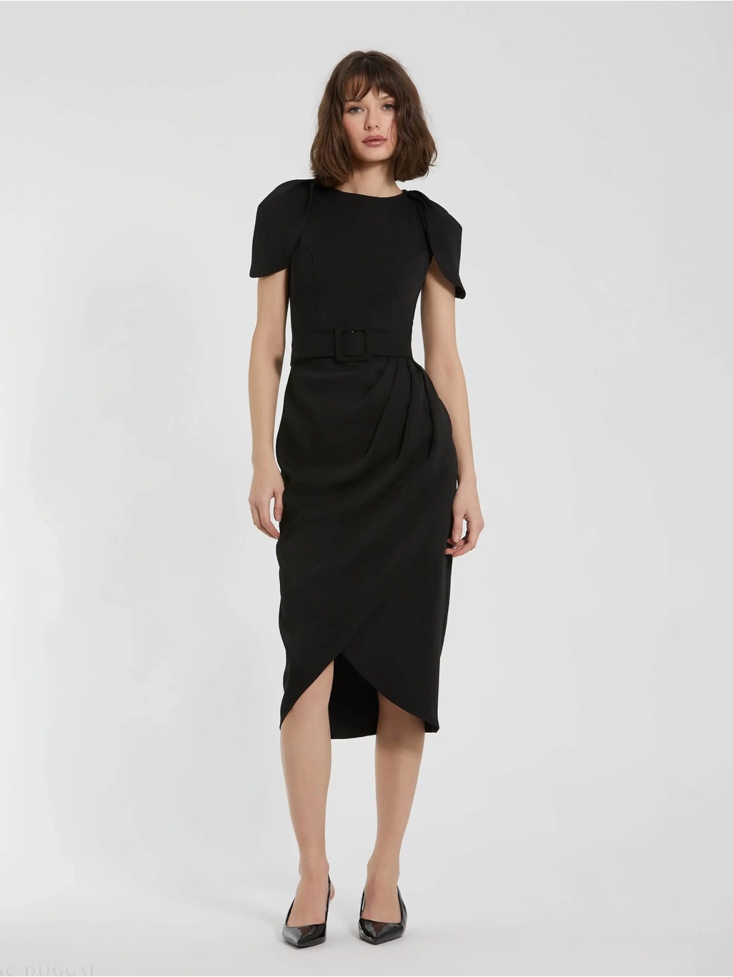 Mac Duggal Black Crepe Boat Neck Midi Tulip Dress With Belt